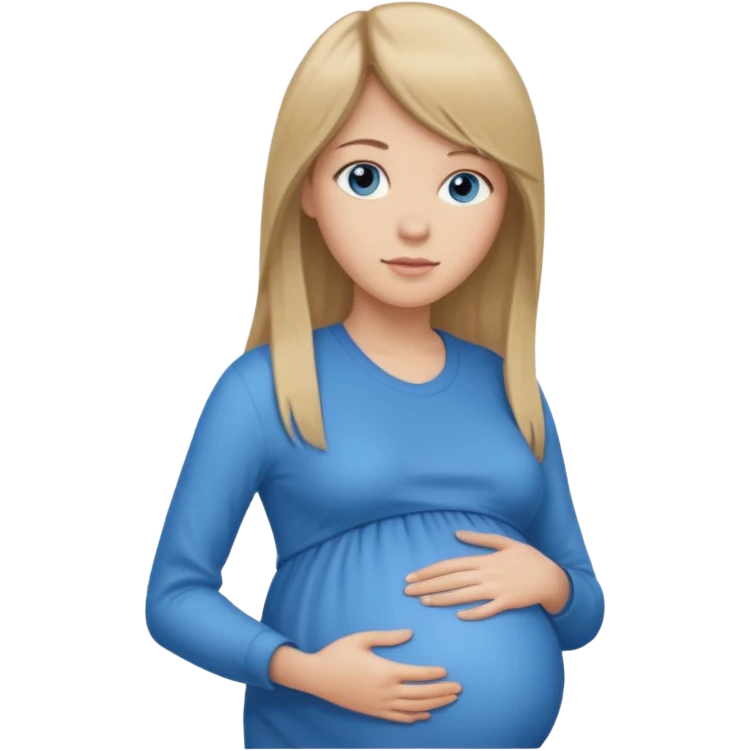 full length of a young woman with long straight dark blond hair, side bangs, and blue eyes. She is pregnant emoji