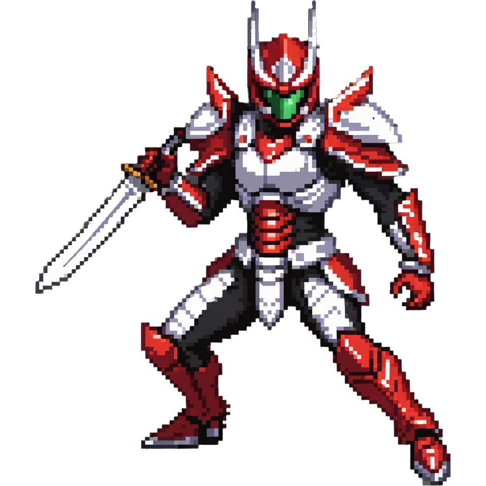 Kamen Rider Ryuki in full red and silver armor with black underlayers, silver dragon-themed helmet with sharp visor slits, intricate scale-like paneling, in a defensive yet ready pose, facing a lunging mirror monster emoji