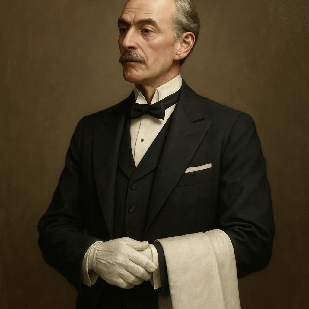 a sophisticated butler, classic British style, holding a towel over one arm, poised and professional, elegant and formal emoji