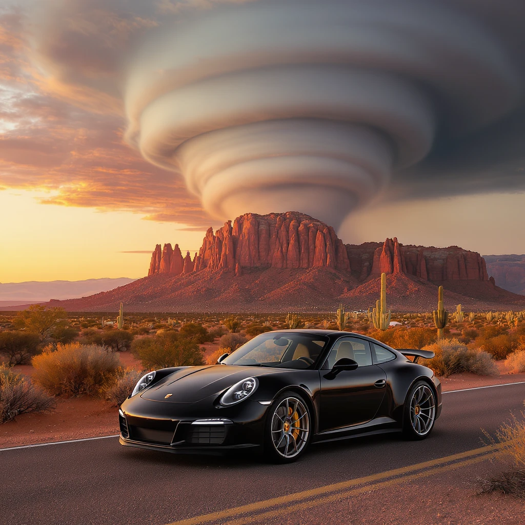 A modern desert mountain, wallpaper, modern, porsche 911, sunset, arizona desert, tornado in background emoji
