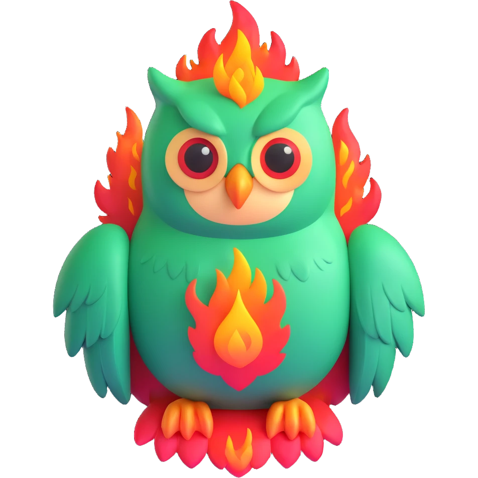 Duolingo green owl mascot with fire flames emoji