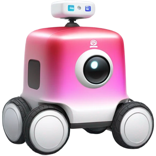 A red-pink gradient COCO delivery robot with four white wheels, rounded rectangular shape. White COCO logo, multiple front sensors, and top-mounted camera. Secure storage compartment and QR code on top. emoji