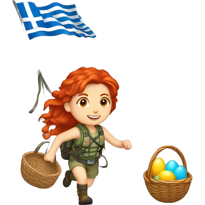 Female mountaineer red hair climbing with Easter eggsbasket and Greek flag emoji