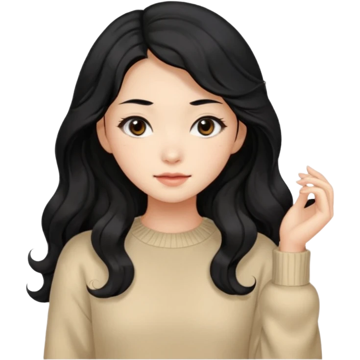 Beautiful girl,Black hair, wavy long hair,Black eyes,Chinese, beige sweater  emoji