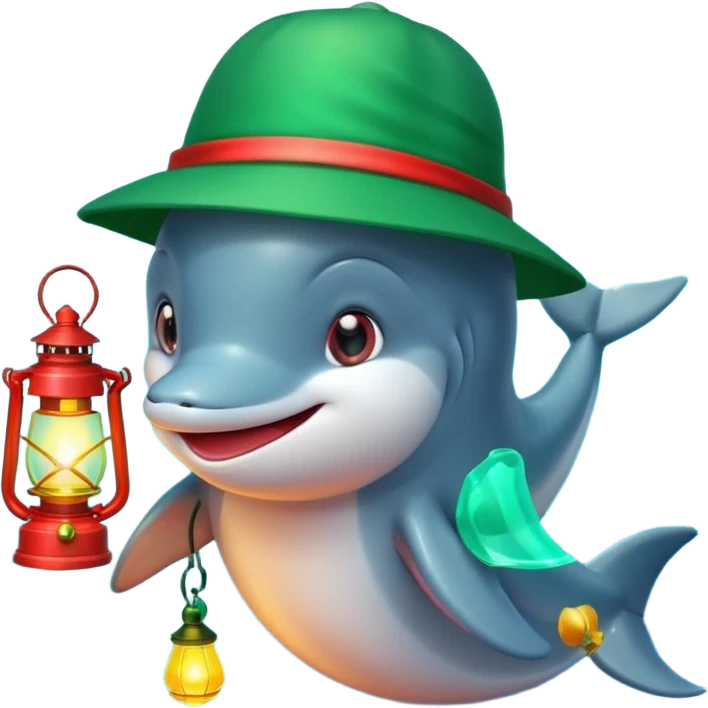 dolphin wearing green hat and a lantern with red light emoji