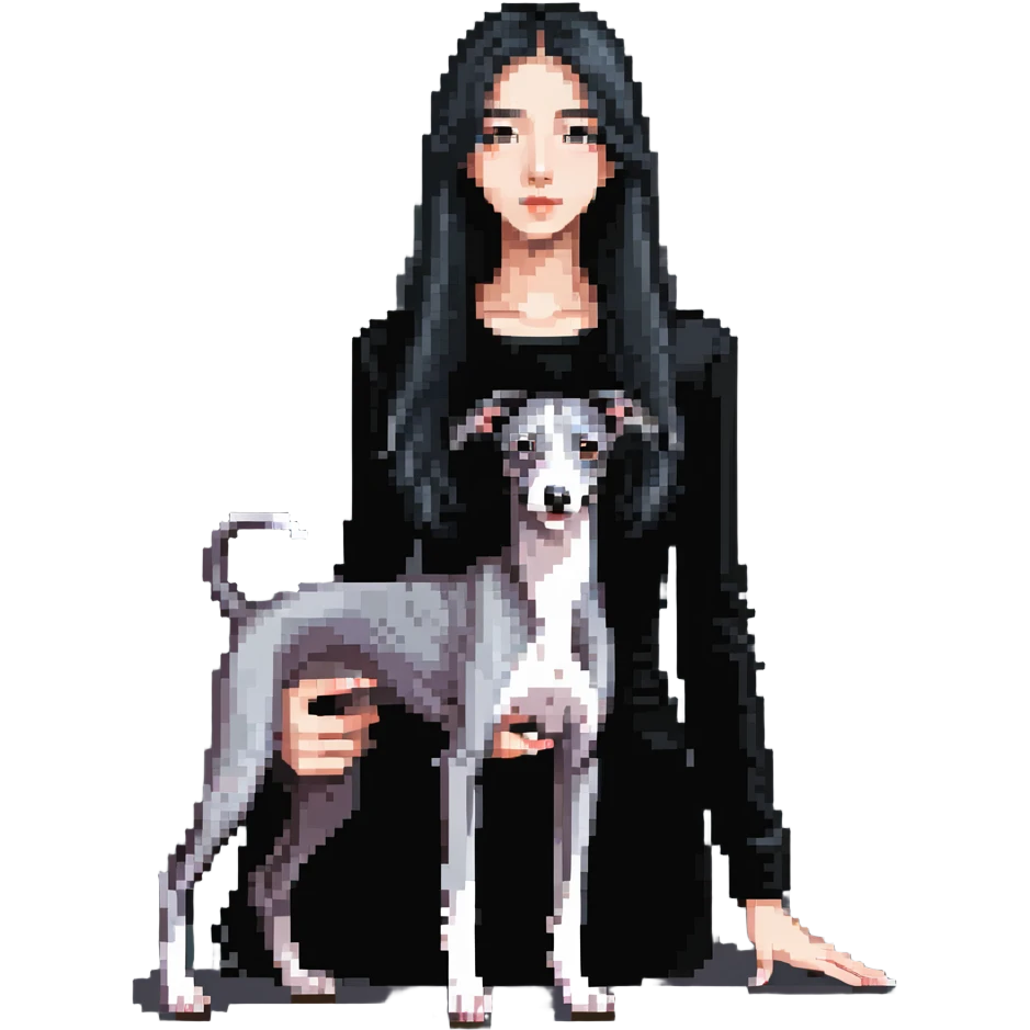 Slim Chinese girl with long black hair and her completely solid grey Italian greyhound in a cozy home setting with a fireplace, no white markings on the dog emoji