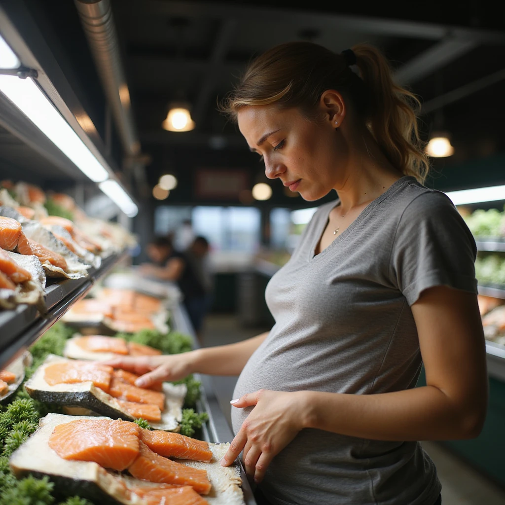 realistic pregnant woman in 4K looking at salmon in supermarket with worried expression close-up detail on salmon fillet showing parasites inside emoji