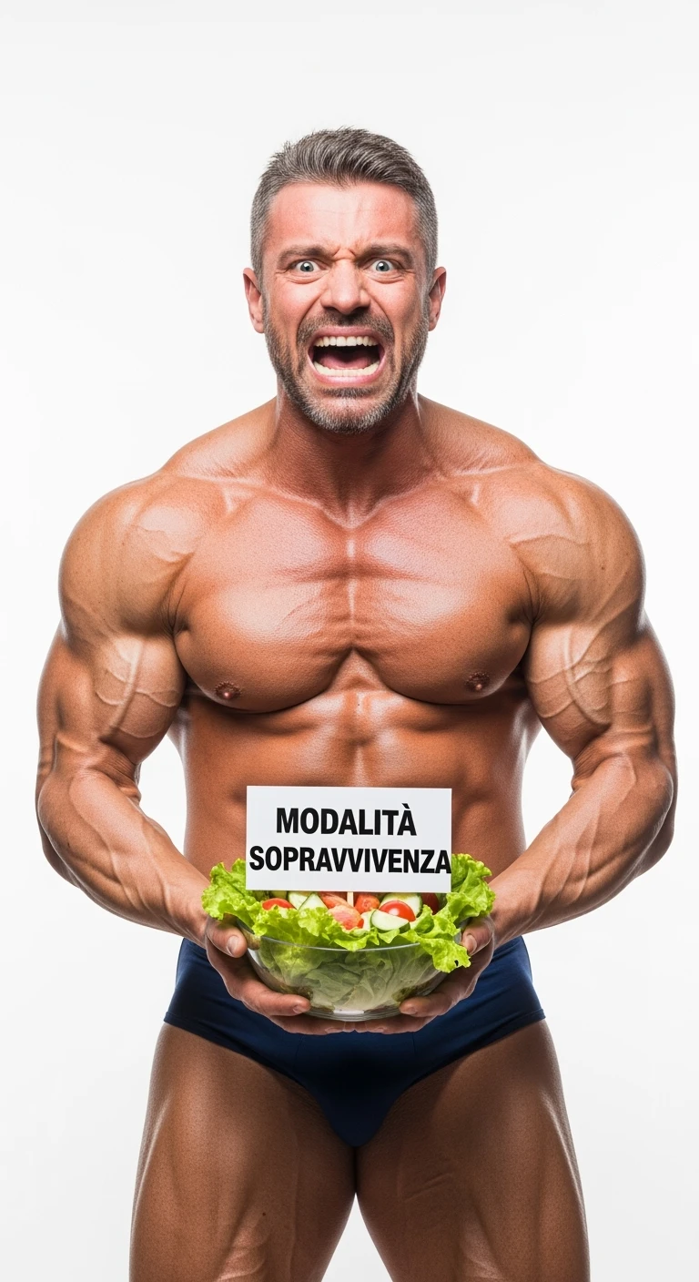 bodybuilder molto stanco e stressato con un insalata in mano, nell'insalata c'è un cartello con scritto "MODALITà SOPRAVVIVENZA", ISOLATO SU SFONDO BIANCO emoji