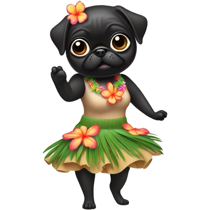 Black pug in a Hawaiian hula girl dress dancing emoji