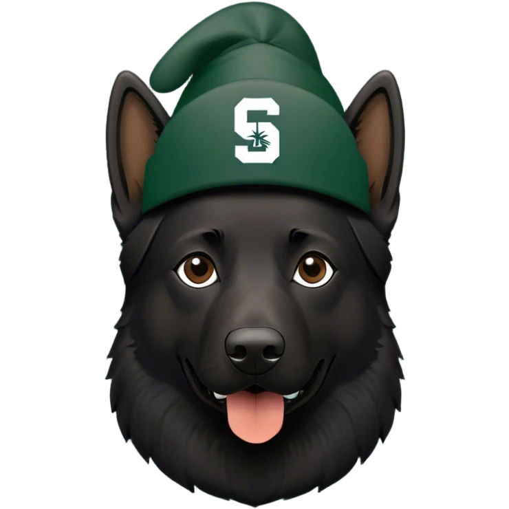 Black German shepherd wearing a Michigan state spartan hat emoji