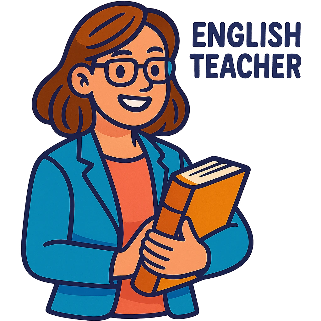 woman English teacher with brown hair, holding a book, vibrant toon style emoji