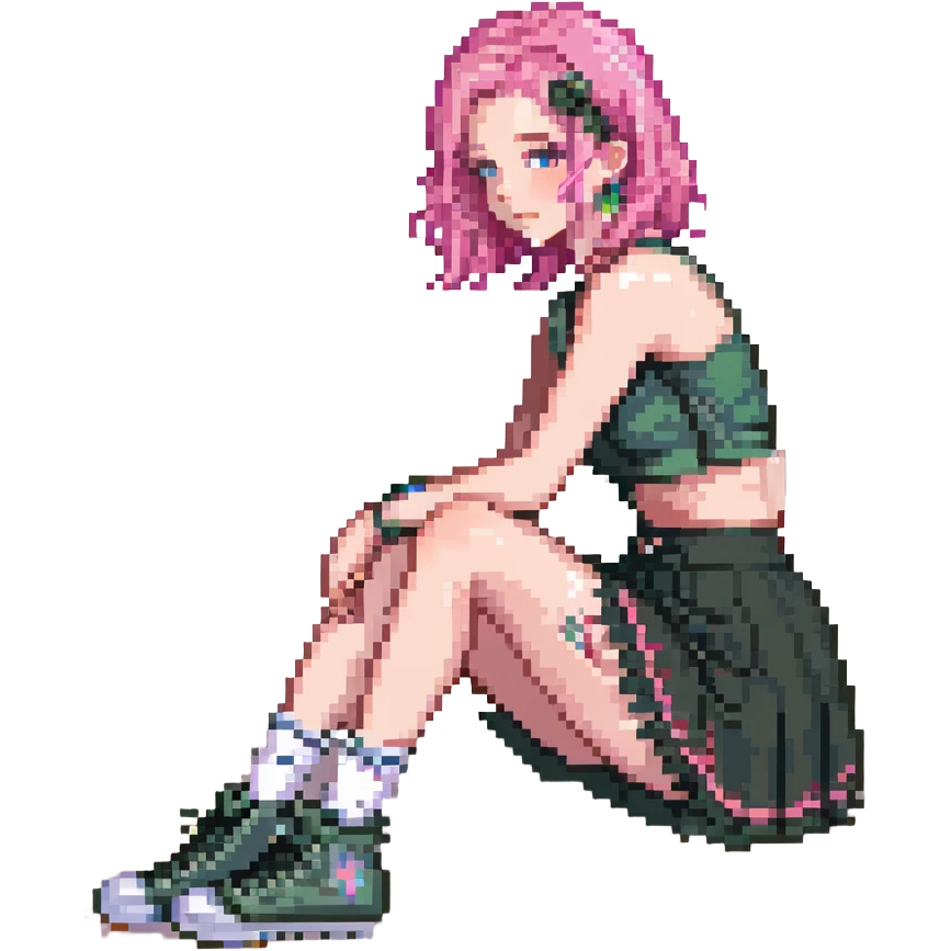 A girl with pink hair, wearing a skirt, sitting sideways on her leg, wearing a crop top, pastel colors emoji