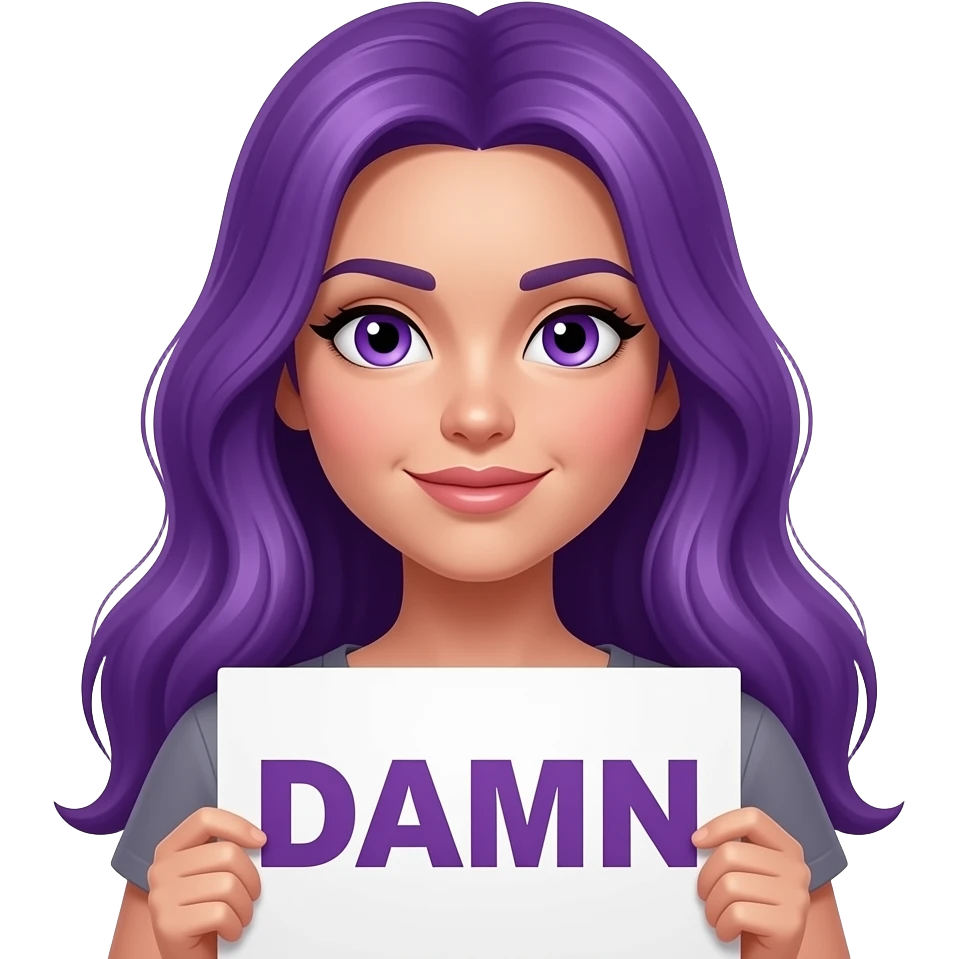 sexy girl with long purple hair and purple eyes holding a DAMN sign emoji