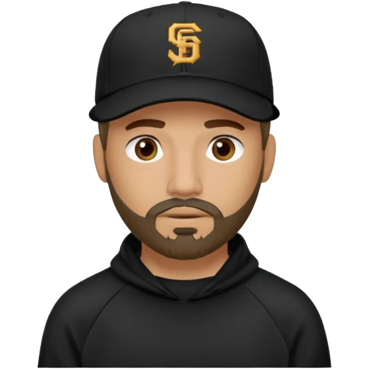 Hombre con la cara oculta, con barba fina y perilla, gorra negra de baseball bordada con un 08, y sudadera negra emoji
