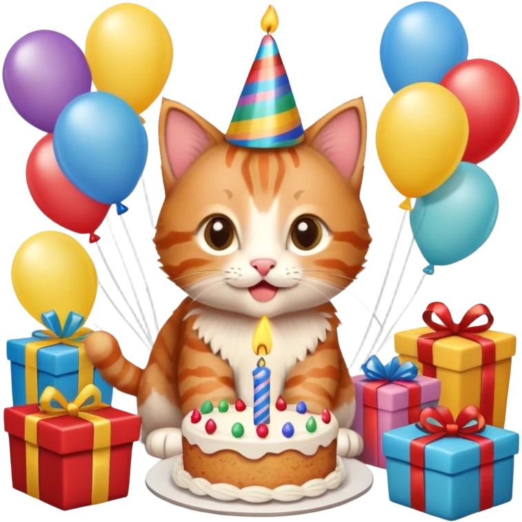 Ginger tabby kitten celebrates birthday, birthday hat, birthday cake, one candle, balloons, happy, gifts emoji