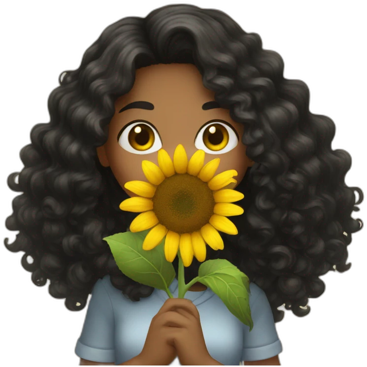 Long black Curly hair Girl holding sunflower emoji