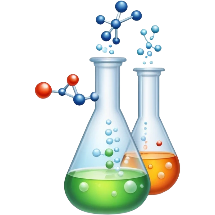 An icon featuring a chemical flask, bubbling with liquid, and an atomic structure, symbolizing chemistry. The design includes molecules, a periodic table, and laboratory equipment, representing the study of chemical reactions and elements. Transparent background highlights scientific research. emoji