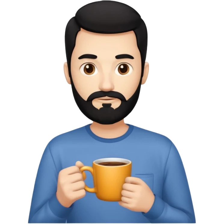 A thin guy with black hair, a long face, black beard, not too thick and long, holding a mug of coffee emoji