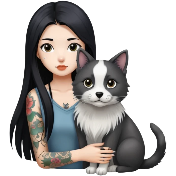 a Chinese girl with long black  straight hair and tattoos and A grey border collie and a black round faced cat emoji