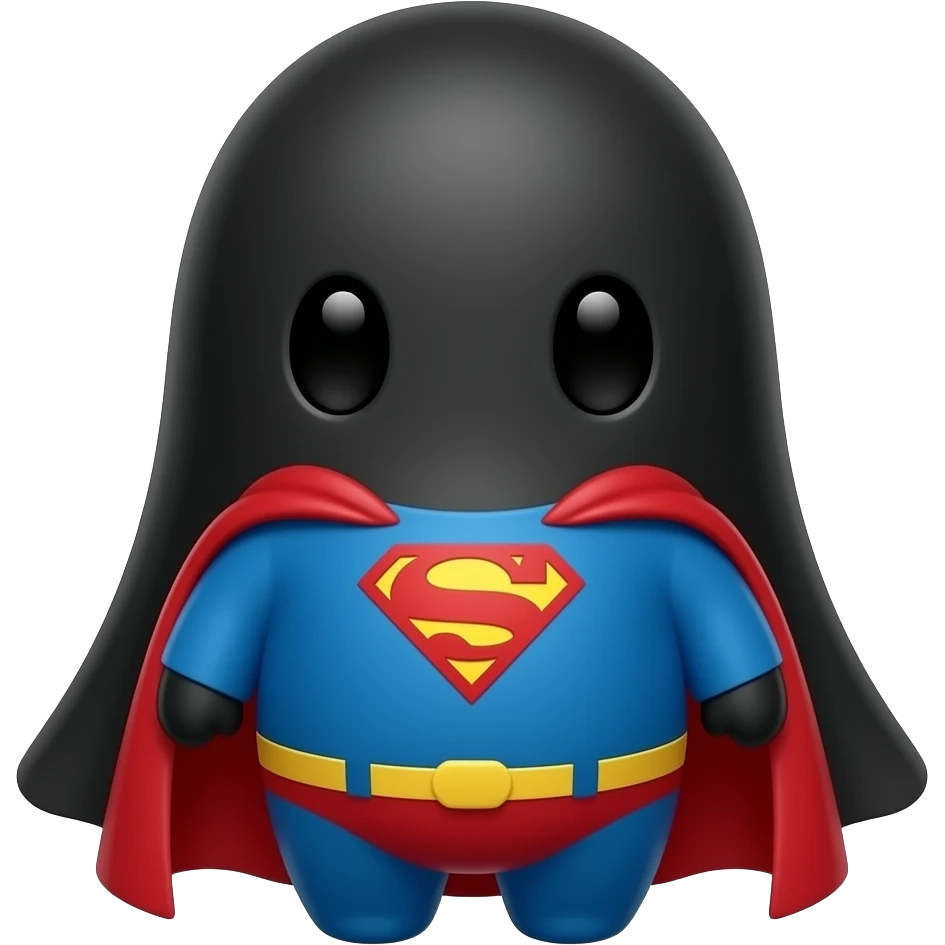 Kawaii solid black ghost with black eyes and dressed lik superman emoji