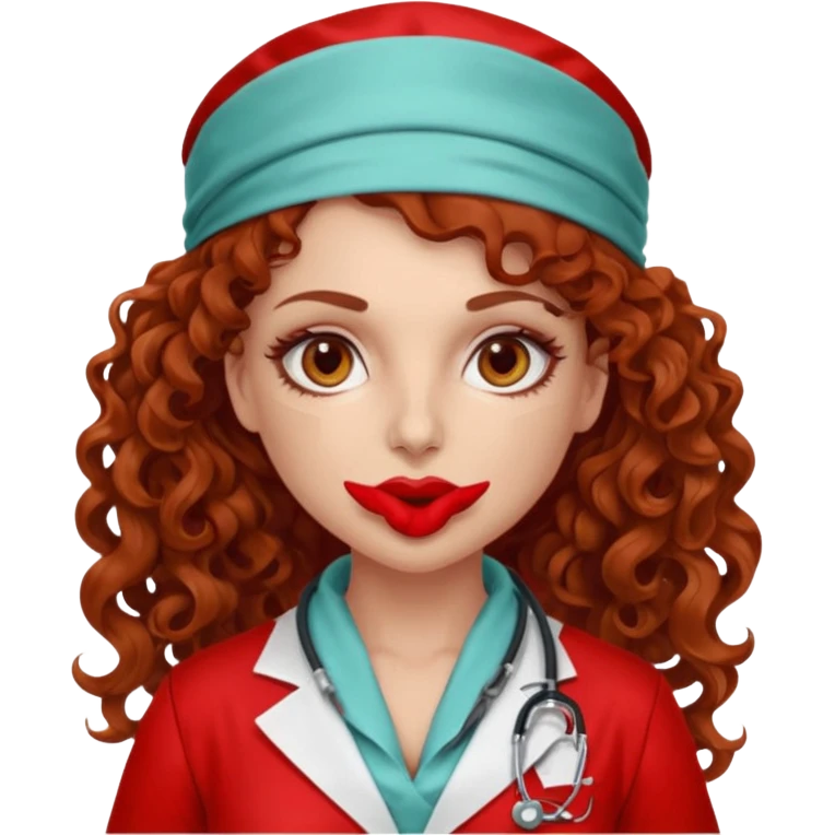 Sensual Spanish Lilith core evil surgeon.red outfit.  Surgeon has hazel eyes. Her hair is BROWN. Hair is also  long and  curly. wearing a sexy surgeon outfit with platform  heels.she is a calculated smart killer. She covers only her mouth and nose with silk scarf to hide identity  emoji