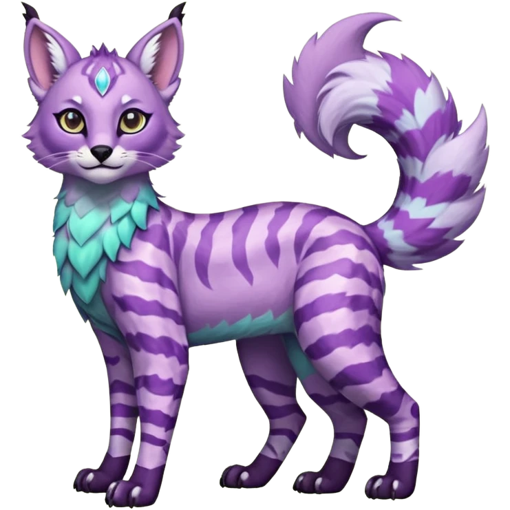 Colorful furry happy cute floofy pale minty lilac onyx fruity glorious exotic neon vibrant zigzagged fantasy-caracal-civet-genet-sergal-vernid-Gryphon-Cacomistle-Trico-oncilla-animal-Fakémon-hybrid-fursona (full body), facial markings, (realism style) emoji