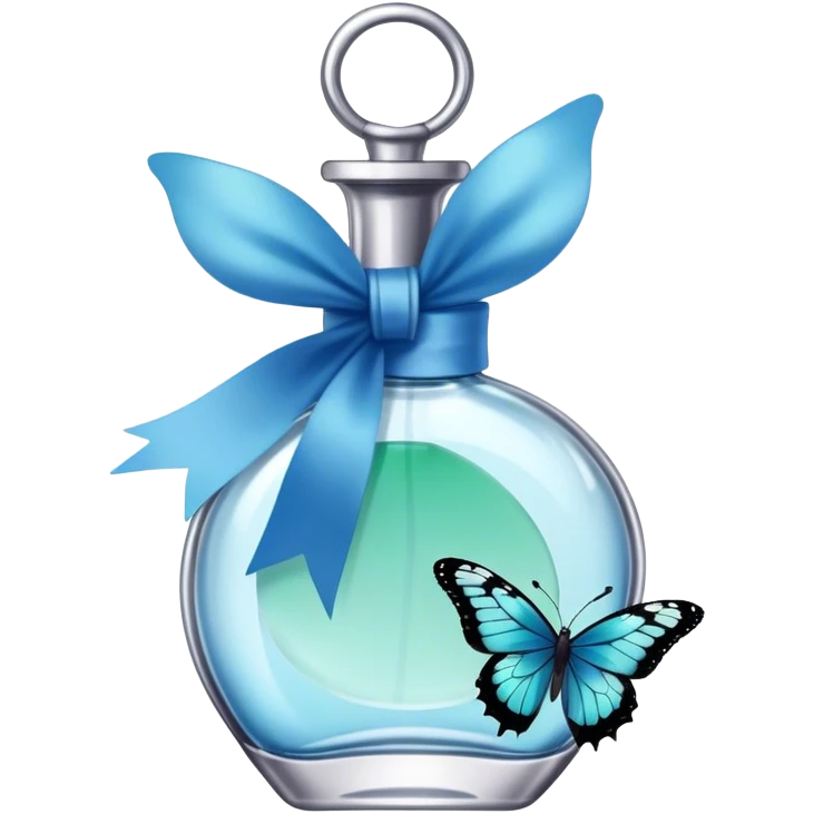 A glass perfume bottle with a soft blue ribbon tied around its neck, with a green and blue butterfly nearby. emoji