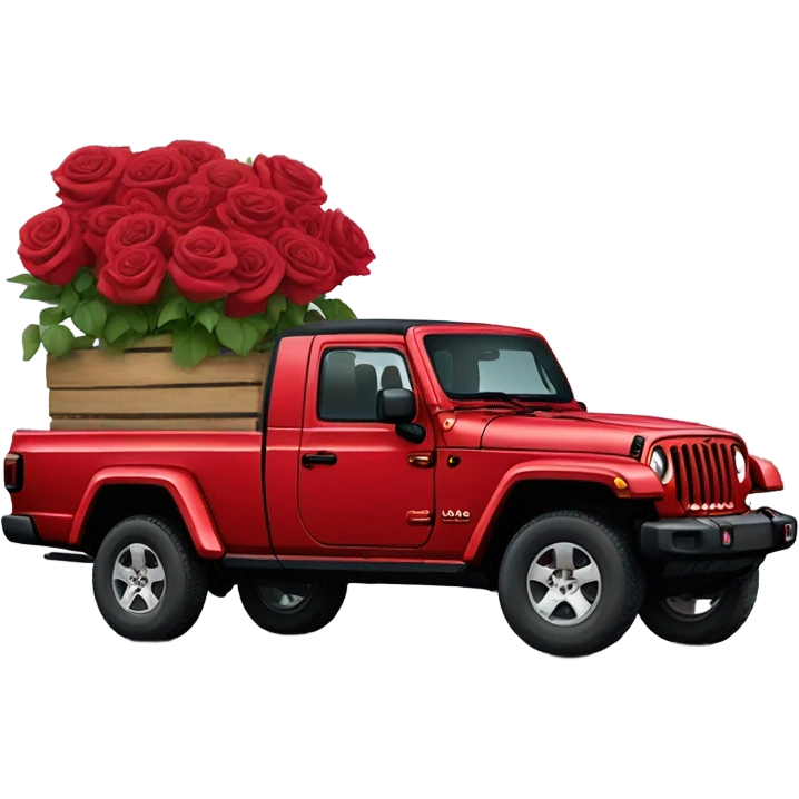 Realistic Red Jeep Gladiator with the truck bed full of roses. emoji