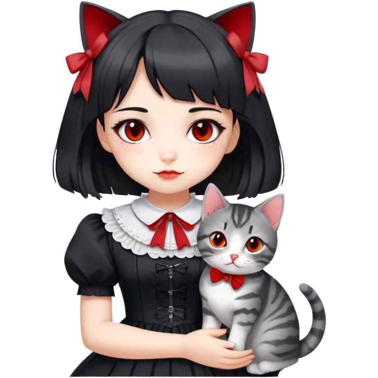 girl wearing black Lolita style dress, with medium-length black hair with red tips, and a gray American Shorthair tabby cat emoji