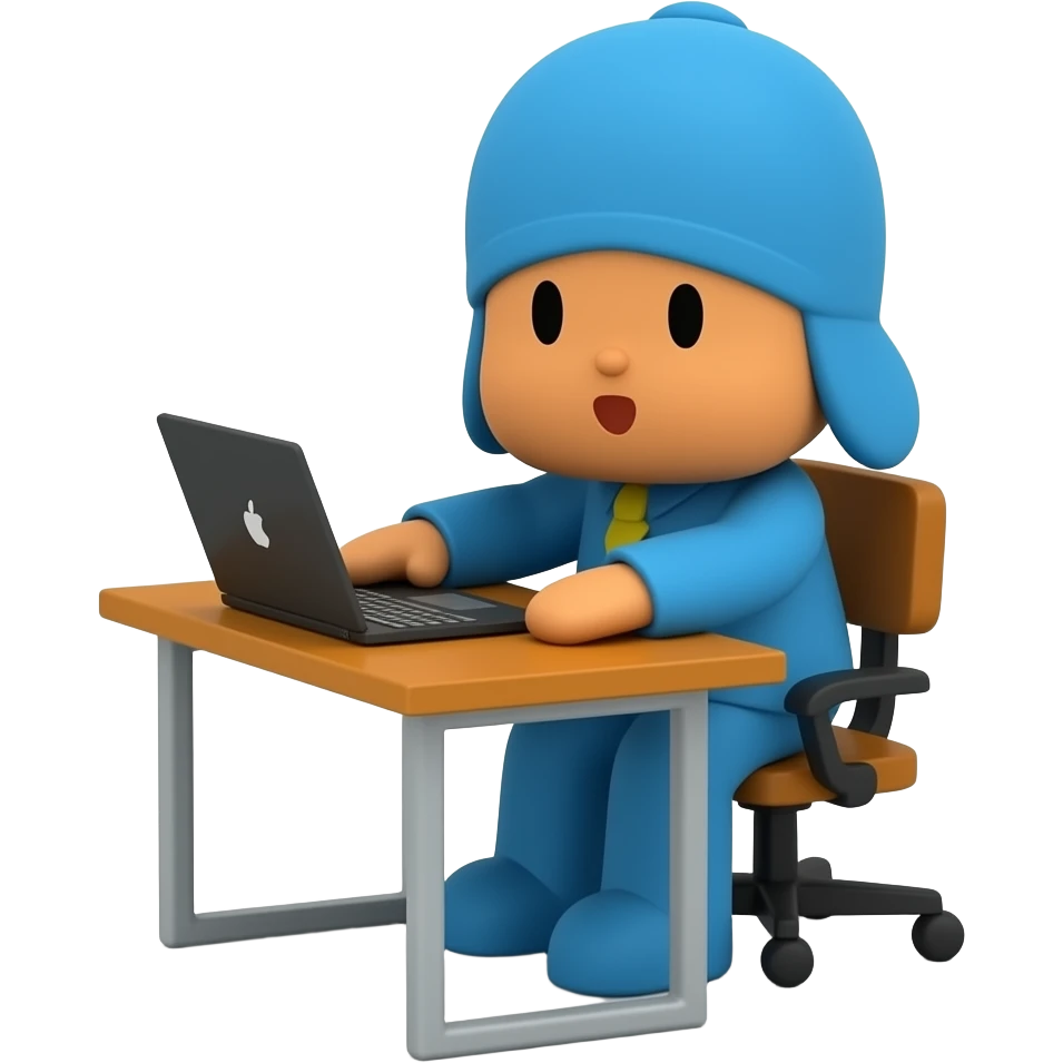 Genera un personaje de Roblox POCOYO de cuerpo completo sentado en un escritorio con una laptop emoji