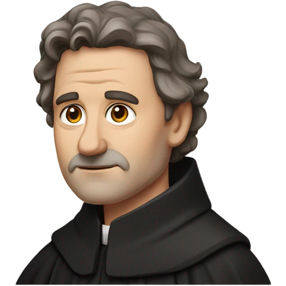 "An middle aged man with brown hair, a weathered face, and a solemn expression. He wears a black robe with a clerical collar and holds a Bible or rosary, standing in a modest church." emoji