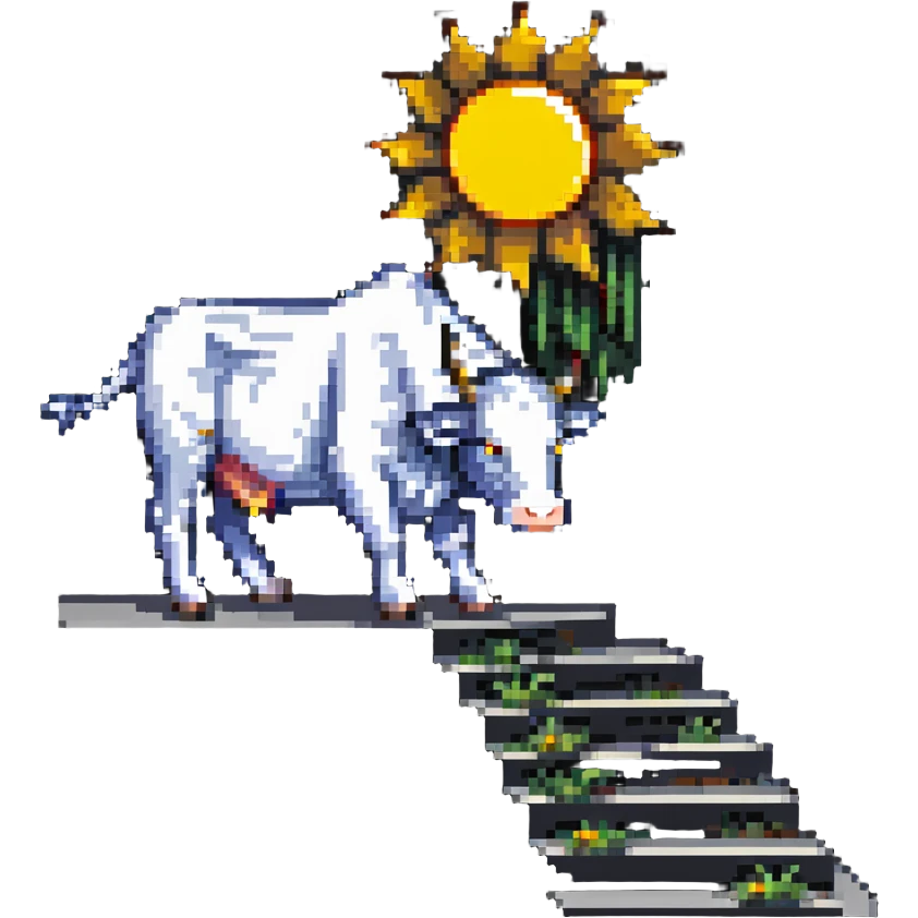 pixel art of a surreal creature combining features of a staircase, a cow, and the sun, with sun rays and steps integrated into the cow’s form emoji