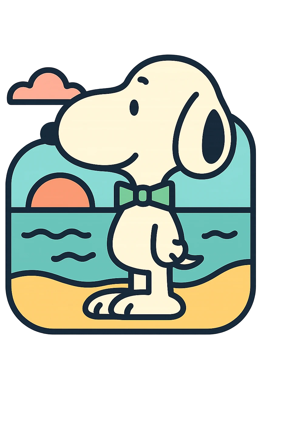Snoopy, outlined, pastel colors, with a green bowtie, with a beach background emoji