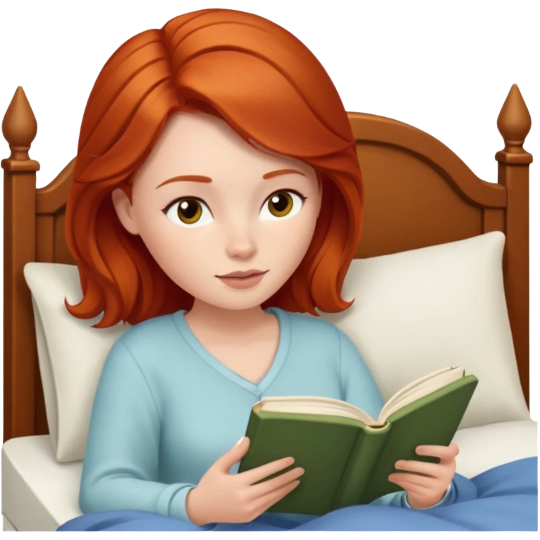 Mujer pelirroja leyendo un libro en la cama emoji