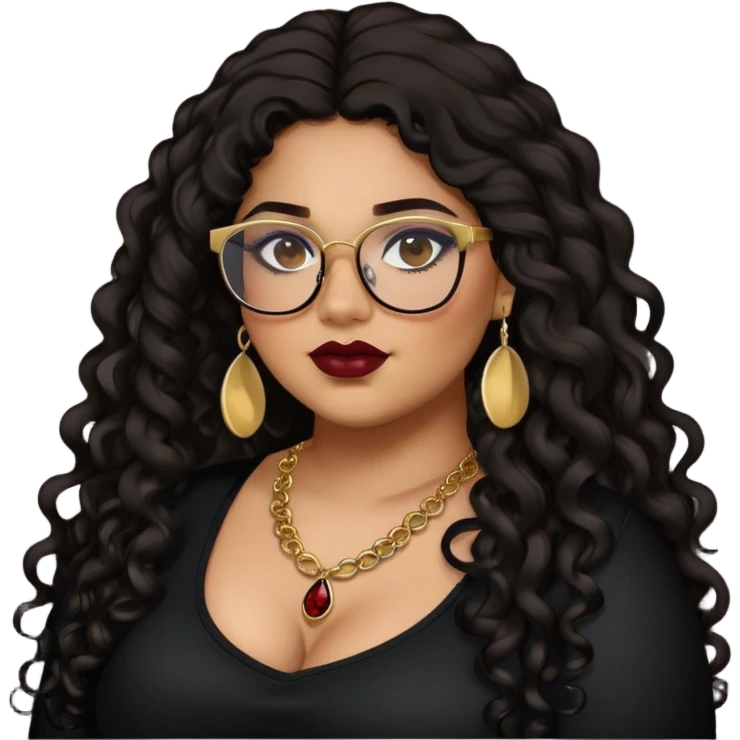 teen big plus size, latina, darker tan skin, gold jewelry, long black curly hair, baddie,pretty, makeup, dark red lipgloss, black eyeliner, long hair, black top, black glasses emoji
