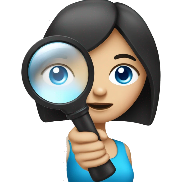 white girl with black hair and blue eyes playing with magnifying glass emoji