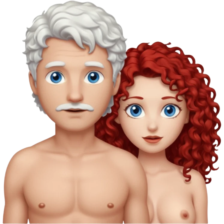 Homme nu cheveux blanc courts, yeux bleu barbe de trois jours + femme nu gros seins rousse cheveux longs bouclés yeux bleu emoji