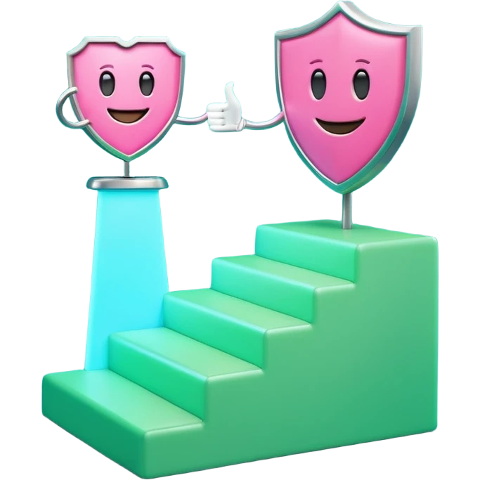 Minimalist 3D emoji-style podium with 2 steps on a green chroma key background. Step 1 (higher) features a handshake icon with blue neon glow. Step 2 (lower) features a smiling tooth with a shield icon and pink neon glow. Clean rendering, soft colors, uniform lighting emoji