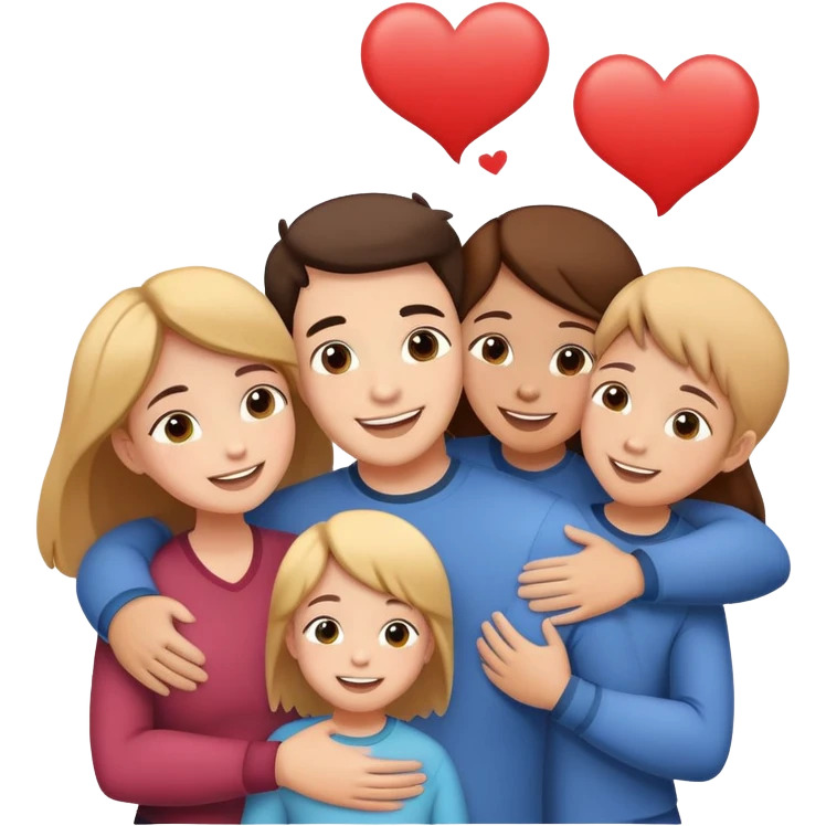 family hugging with a speech bubble saying I love you, cheerful and expressive emoji