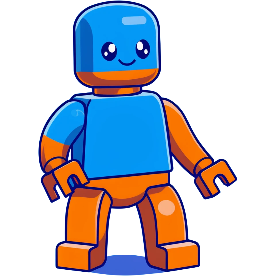 A cartoon blue Lego brick character with arms, legs and a friendly face emoji