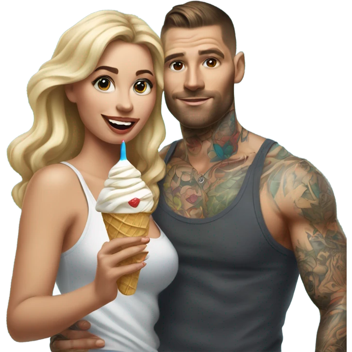 Hyper Realistic beautiful woman in the arms of a very handsome tattooed man eating ice cream  emoji