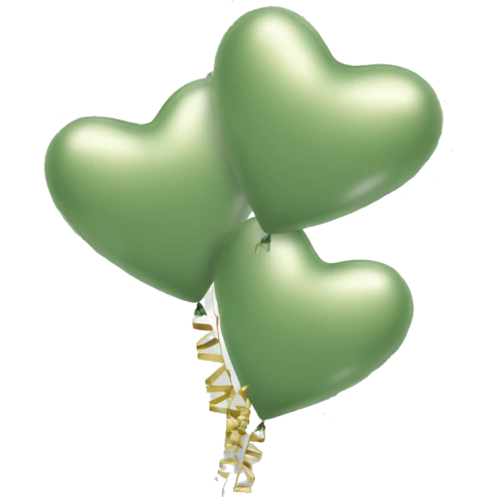 Aesthetic sage green 3 heart shaped balloons with gold ribbons emoji
