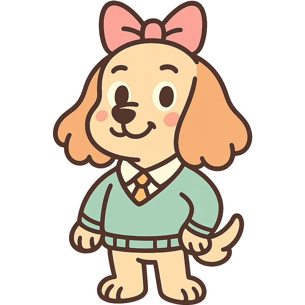 preppy dog with a pink head piece bow in pastel toon style emoji