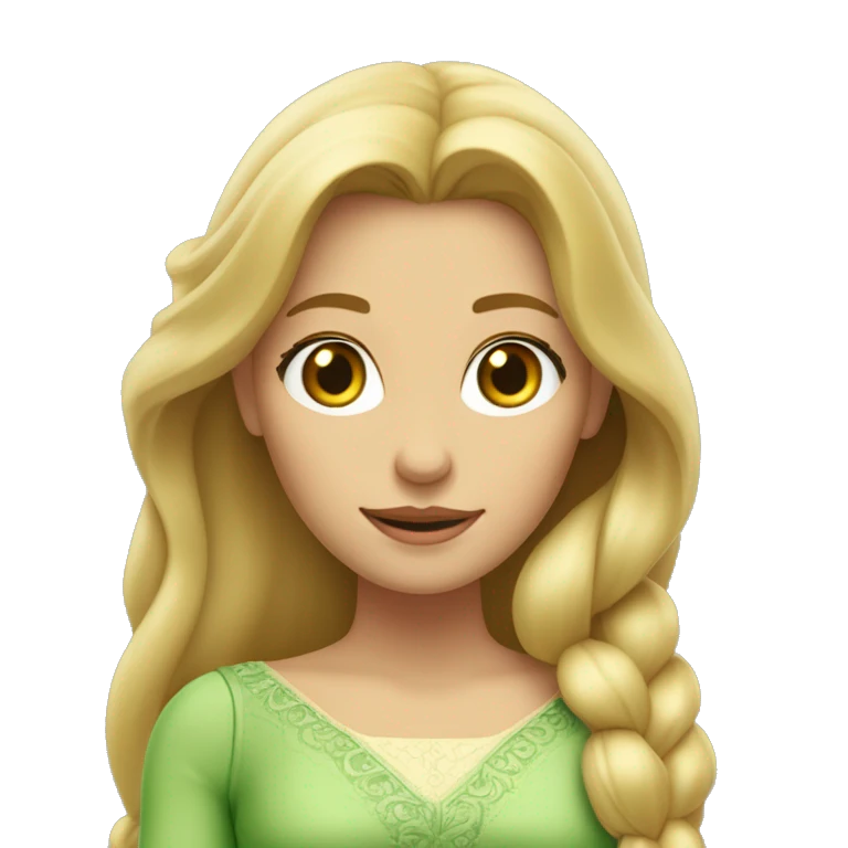Mujer blanca con vestido de Rapunzel, ojos verdes, rubia y de pelo largo liso  emoji