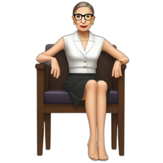 young ruth bader ginsburg wearing a skirt bikini sitting acting out that scene from basic instinct sitting facing forward legs apart(full body, ios17) emoji