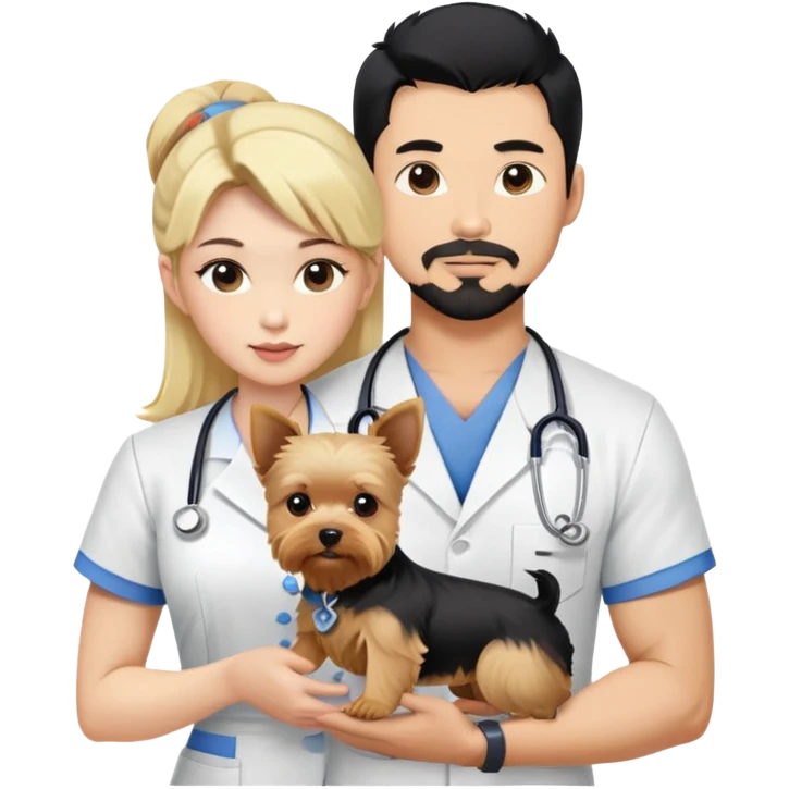Blonde nurse and tDark haired Korean Asian handsome muscular man with black pointy hair full goatee.   Holding one blonde yorkie.  emoji