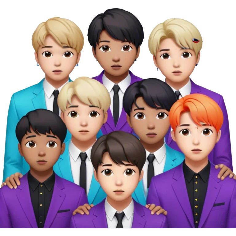 Cinematic Realistic group portrait of BTS featuring all 7 members in stylish modern attire, with detailed facial expressions and vibrant colors, captured in dynamic, contemporary lighting that emphasizes their global pop icon status emoji