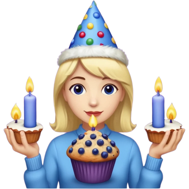 Blueberry Muffin celebrating birthday. Make sure it actually looks like a muffin with candles. Somebody holding it with party hat  emoji