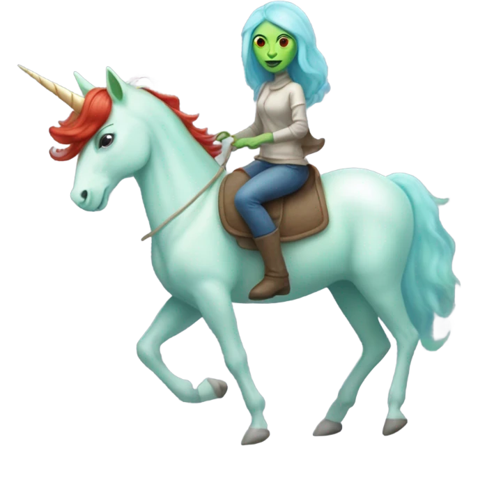 [politically incorrect
	{ woman: alien, color: light green, hair:red, eyes:cat} ]
	on a 
	[{ unicorn: white, legged:four, mane: light blue }] emoji