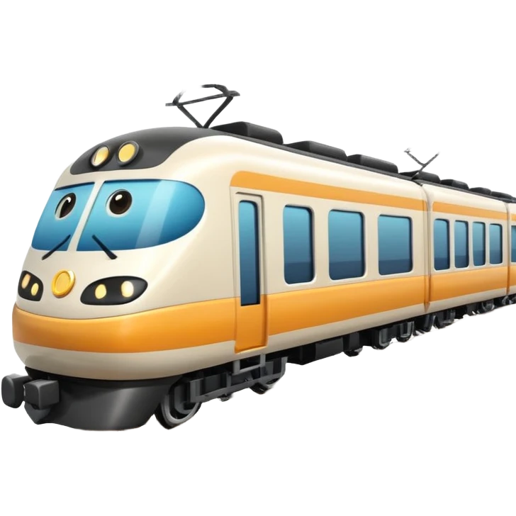 A 3D cartoon passenger train with windows and multiple cars, moving on railway tracks, bright daylight, Memoji-style. emoji